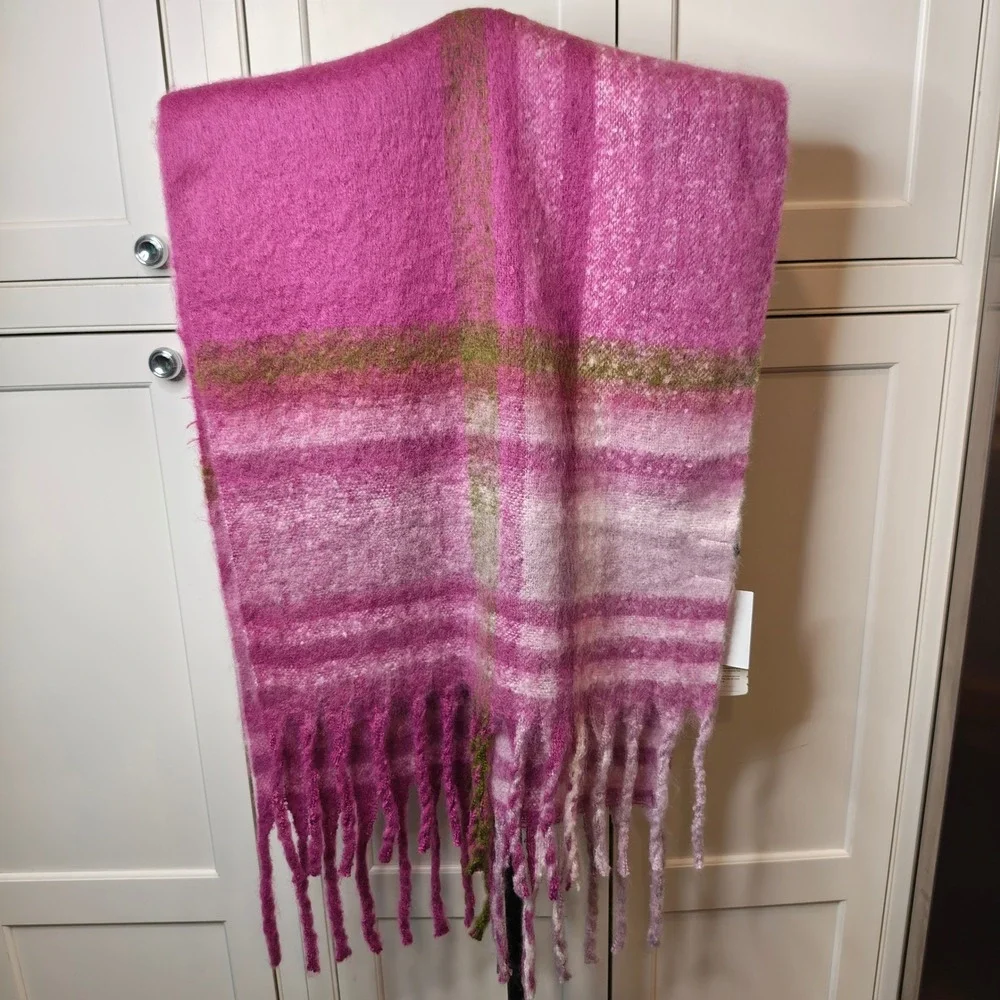 Save the Ocean Pink Plaid Recycled Scarf Oversized Fringe HX-S02 Nordstrom NEW